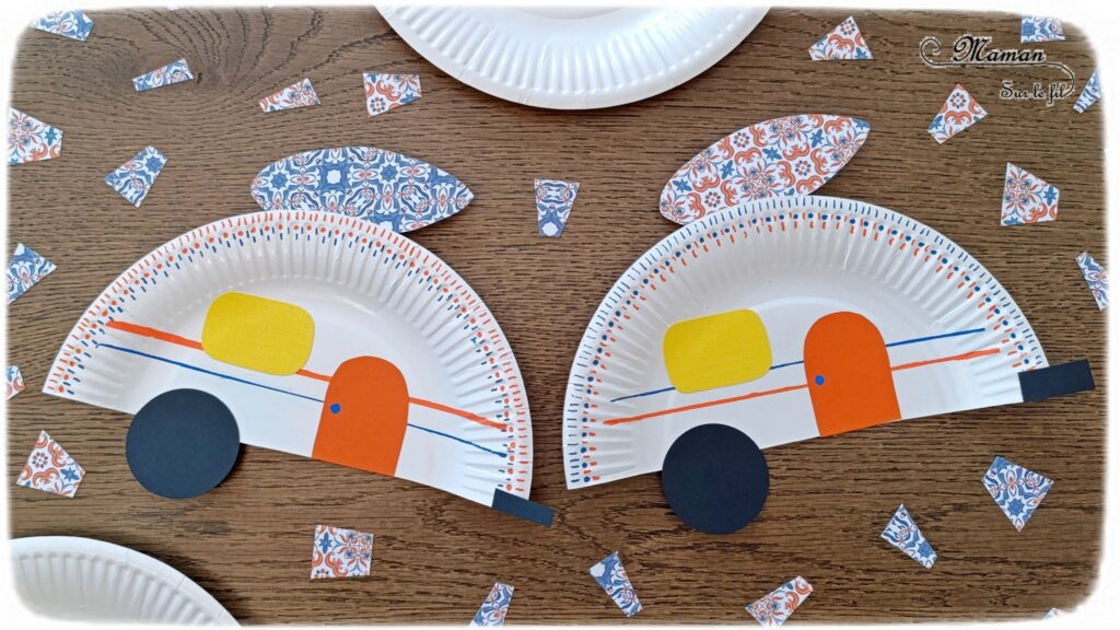 Fabriquer des caravanes avec des assiettes en carton : activité créative, récup' et manuelle enfants - Recyclage, surcyclage d'assiettes en carton - Découpage, collage de papiers - Surf sur le toit, prêt à partir en vacances - Décoration colorée avec dessins et graphismes - Bricolage facile pour jeu DIY - Thème camping, vacances, été - Bricolage et décoration sympa et facile - Arts visuels maternelle et élémentaire - Cycles 1 et 2 - Créativité - tutoriel photos - mslf