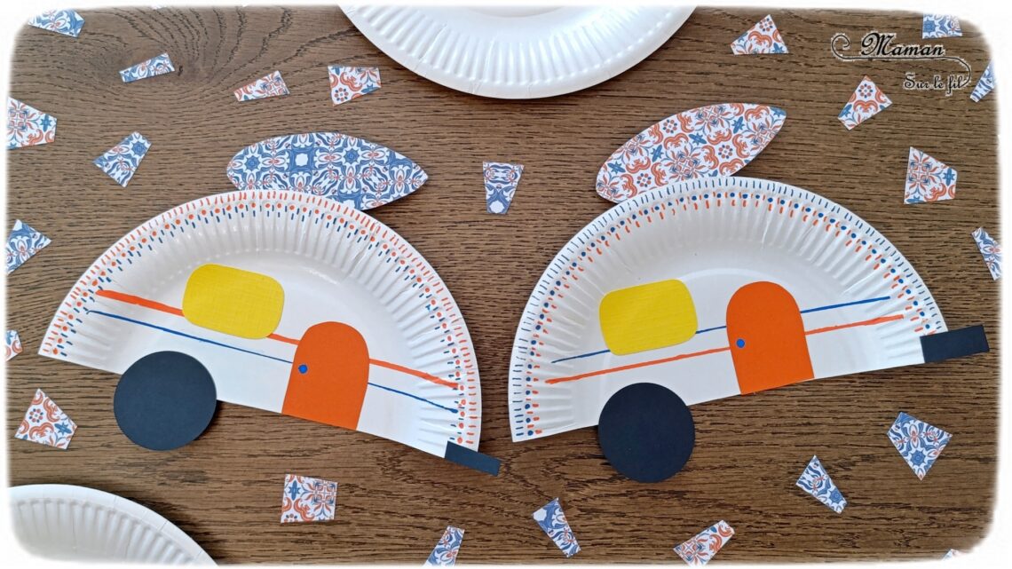 Fabriquer des caravanes avec des assiettes en carton : activité créative, récup' et manuelle enfants - Recyclage, surcyclage d'assiettes en carton - Découpage, collage de papiers - Surf sur le toit, prêt à partir en vacances - Décoration colorée avec dessins et graphismes - Bricolage facile pour jeu DIY - Thème camping, vacances, été - Bricolage et décoration sympa et facile - Arts visuels maternelle et élémentaire - Cycles 1 et 2 - Créativité - tutoriel photos - mslf