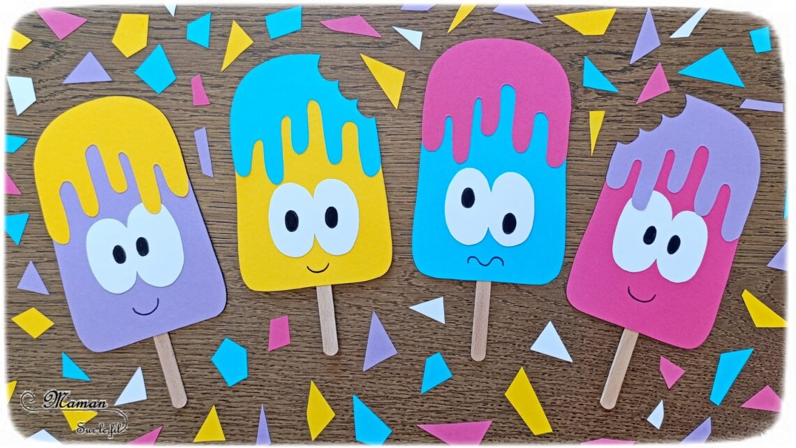 Créer des glaces rigolotes et colorées en papier : activité créative, récup' et manuelle enfants - Recyclage et surcyclage de chutes de papier et de bâtonnets de glace en bois - Découpage et collage pour la glace, le nappage et les gros yeux rigolos - Dessin des pupilles et de la bouche - Collage du bâtonnet de glace - Bricolage facile et rigolo - Thème alimentation, gourmandises sucrées, glaces, été - Bricolage et décoration sympa et facile - Arts visuels maternelle et élémentaire - Cycles 1 et 2 - Créativité - tutoriel photos - mslf
