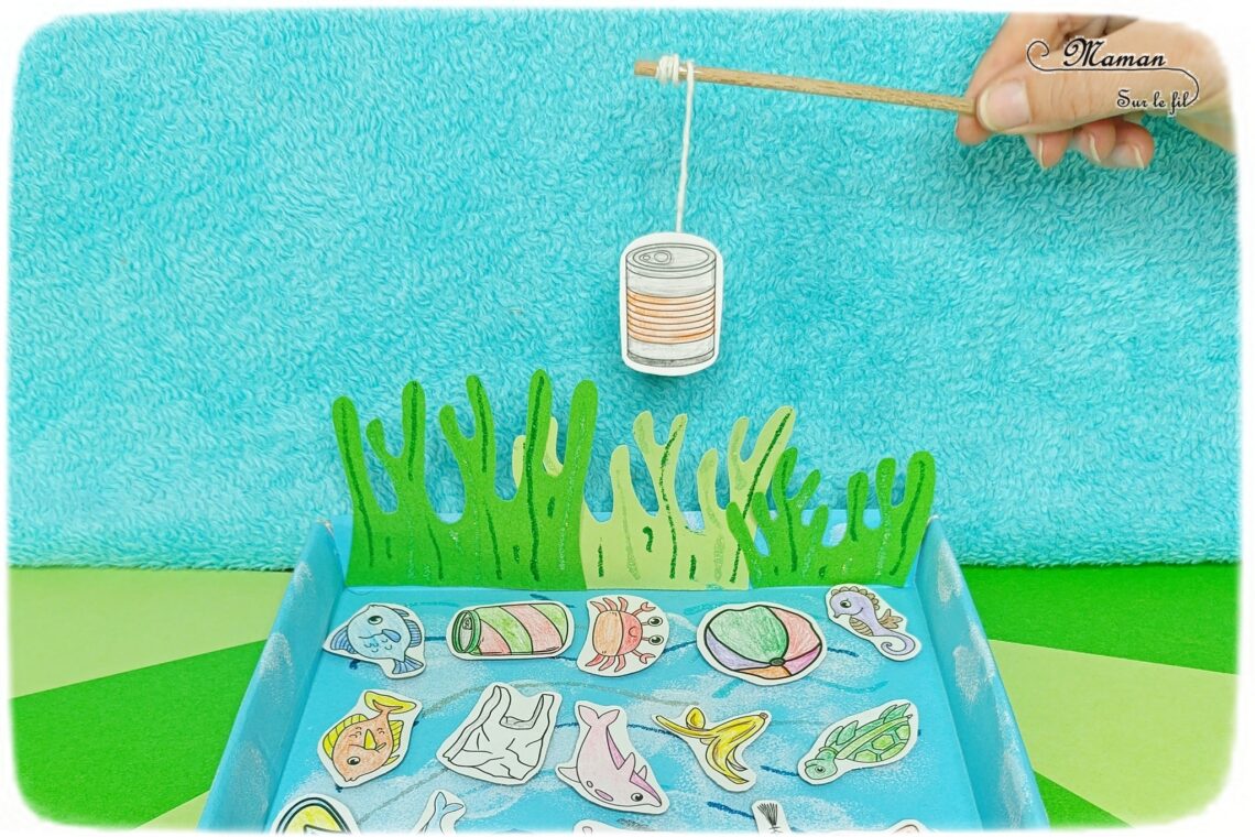 Fabriquer un jeu DIY - La pêche aux déchets : activité créative, peinture, récup' et manuelle enfants - Permet d'aborder l'importance de la protection des océans et des animaux marins, le respect de l'environnement, l'écologie, la gestion et le tri des déchets - Recyclage, surcyclage d'une boite en carton - Peinture, coloriage, dessin, découpage, collage - Pêche à la ligne avec trombone et aimant - Bricolage facile et rigolo - Thème animaux marins, océans, mer, été, respect de l'environnement, déchets - Bricolage et décoration sympa et facile - Arts visuels maternelle et élémentaire - Cycles 1 et 2 - Créativité - tutoriel photos - mslf