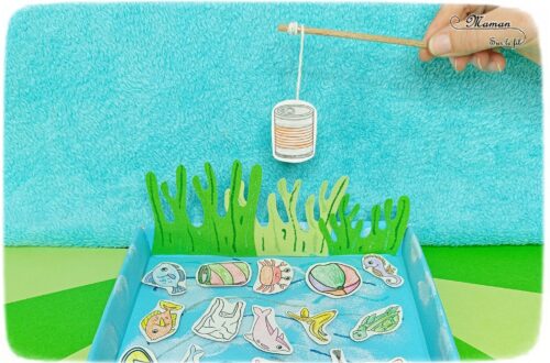 Fabriquer un jeu DIY - La pêche aux déchets : activité créative, peinture, récup' et manuelle enfants - Permet d'aborder l'importance de la protection des océans et des animaux marins, le respect de l'environnement, l'écologie, la gestion et le tri des déchets - Recyclage, surcyclage d'une boite en carton - Peinture, coloriage, dessin, découpage, collage - Pêche à la ligne avec trombone et aimant - Bricolage facile et rigolo - Thème animaux marins, océans, mer, été, respect de l'environnement, déchets - Bricolage et décoration sympa et facile - Arts visuels maternelle et élémentaire - Cycles 1 et 2 - Créativité - tutoriel photos - mslf
