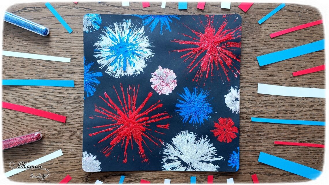 Peindre un feu d'artifice pour le 14 juillet avec des pailles et des paillettes : activité créative, peinture et manuelle enfants - Technique de la paille découpée en plusieurs bandes pour peindre les feux d'artifice - Couleurs bleu, blanc et rouge pour la fête nationale - Paillettes pour le côté brillant - Thème feu d'artifice, 14 juillet, fête nationale, drapeau français - Bricolage et décoration sympa et facile - Arts visuels maternelle et élémentaire - Cycles 1 et 2 - Créativité - tutoriel photos - mslf