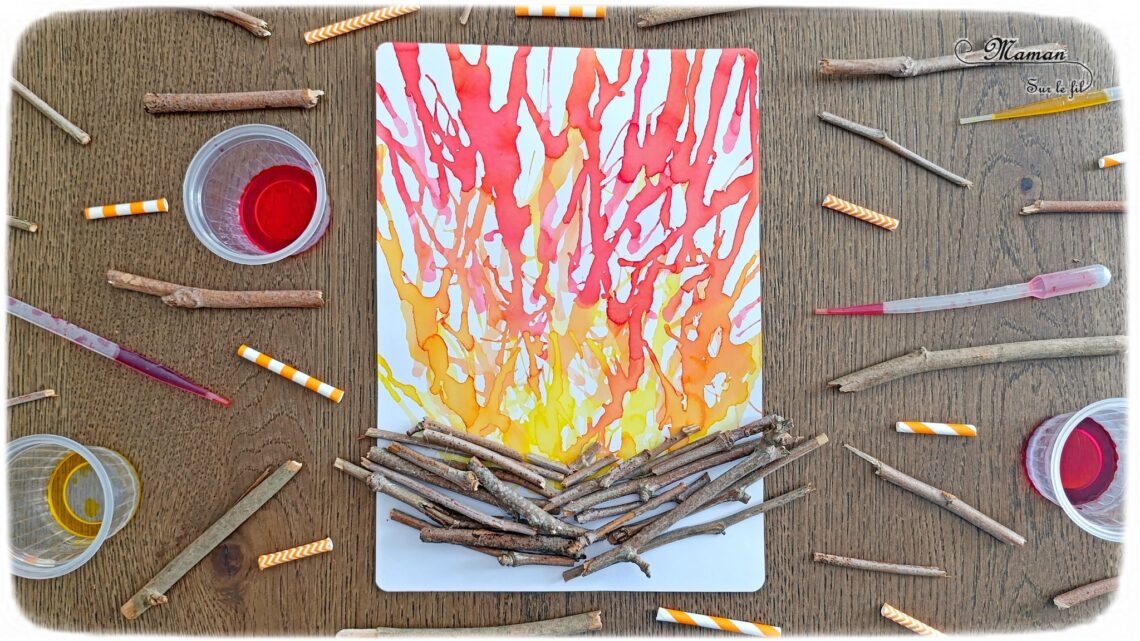 Créer un feu de camp en encre soufflée et éléments de la nature : activité créative, peinture et manuelle enfants - Technique des gouttes d'encre à dessiner soufflée à la paille - Dégradé de couleurs jaune, orange, rouge - Collage de branches de bois - Land art - Thème camping, vacances, été, colonies, camp d'été - Bricolage et décoration sympa et facile - Arts visuels maternelle et élémentaire - Cycles 1 et 2 - Créativité - tutoriel photos - mslf