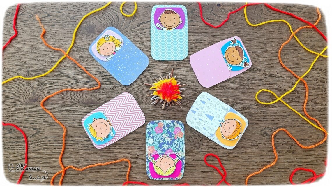 Fabriquer des enfants dans leur duvet, allongés autour d'un min feu de camp : activité créative, coloriage et manuelle enfants - Bricolage facile pour jeu d'imagination et d'imitation DIY - Coloriage aux feutres, découpage, collage - Récup' de carton - Papiers à motifs type scrapbooking, feutrine - Mini feu de camp avec petites branches et laine - Campement avec avec feu de camp - Nuit à la belle étoile en colonie - Thème camping, vacances, été, colonies, camp d'été - Bricolage et décoration sympa et facile - Arts visuels maternelle et élémentaire - Cycles 1 et 2 - Créativité - tutoriel photos - mslf
