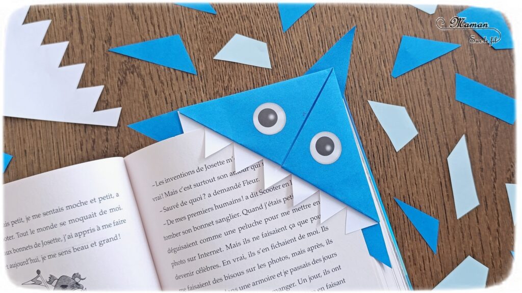Fabriquer un marque-page Requin DIY en papier : activité créative et manuelle enfants - Pliage de papier et origami - Customisation en requin - Découpage, collage, coloriage et dessin - Cadeau à offrir Fait maison- Bricolage facile et rigolo - Thème animaux marins, océans, mer, été - Bricolage et décoration sympa et facile - Arts visuels maternelle et élémentaire - Cycles 1 et 2 - Créativité - tutoriel photos - mslf