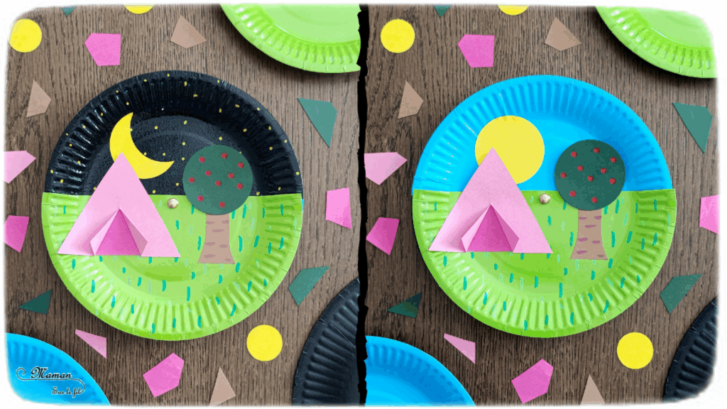 Camping dans la nature de jour et de nuit : activité créative, peinture et manuelle enfants - Jour et nuit qui passent et se succèdent grâce à roue qui tourne - Récup' d'assiettes en carton - Attache parisienne - Peinture, dessin, découpage, collage - Tente, ciel, herbe, arbre, temps qui passe - Jeu DIY rigolo à manipuler - Thème camping, vacances, été, colonies, camp d'été, météo, alternance Jour / Nuit, nature - Bricolage et décoration sympa et facile - Arts visuels maternelle et élémentaire - Cycles 1 et 2 - Créativité - tutoriel photos et vidéo - mslf