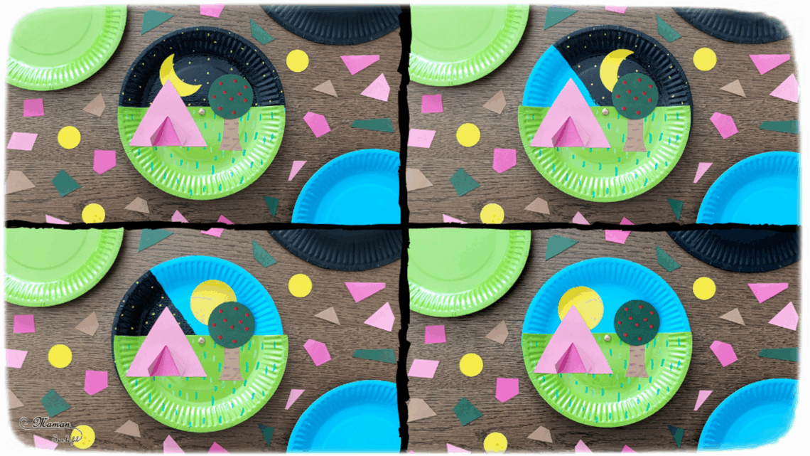 Camping dans la nature de jour et de nuit : activité créative, peinture et manuelle enfants - Jour et nuit qui passent et se succèdent grâce à roue qui tourne - Récup' d'assiettes en carton - Attache parisienne - Peinture, dessin, découpage, collage - Tente, ciel, herbe, arbre, temps qui passe - Jeu DIY rigolo à manipuler - Thème camping, vacances, été, colonies, camp d'été, météo, alternance Jour / Nuit, nature - Bricolage et décoration sympa et facile - Arts visuels maternelle et élémentaire - Cycles 1 et 2 - Créativité - tutoriel photos et vidéo - mslf