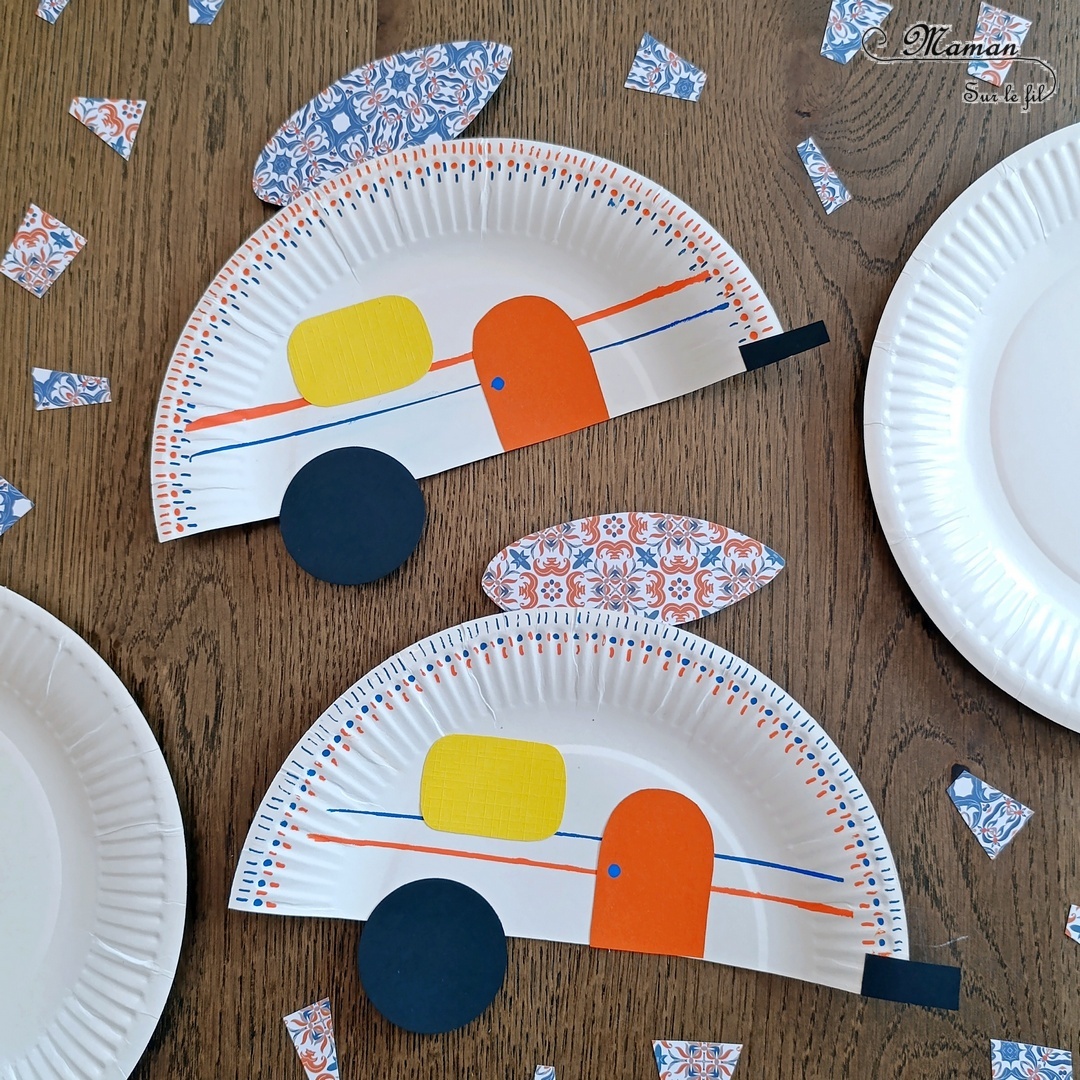 Fabriquer des caravanes avec des assiettes en carton : activité créative, récup' et manuelle enfants - Recyclage, surcyclage d'assiettes en carton - Découpage, collage de papiers - Surf sur le toit, prêt à partir en vacances - Décoration colorée avec dessins et graphismes - Bricolage facile pour jeu DIY - Thème camping, vacances, été - Bricolage et décoration sympa et facile - Arts visuels maternelle et élémentaire - Cycles 1 et 2 - Créativité - tutoriel photos - mslf