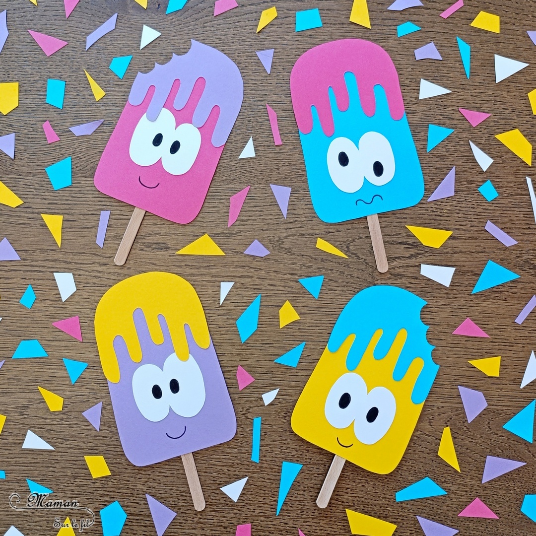 Créer des glaces rigolotes et colorées en papier : activité créative, récup' et manuelle enfants - Recyclage et surcyclage de chutes de papier et de bâtonnets de glace en bois - Découpage et collage pour la glace, le nappage et les gros yeux rigolos - Dessin des pupilles et de la bouche - Collage du bâtonnet de glace - Bricolage facile et rigolo - Thème alimentation, gourmandises sucrées, glaces, été - Bricolage et décoration sympa et facile - Arts visuels maternelle et élémentaire - Cycles 1 et 2 - Créativité - tutoriel photos - mslf