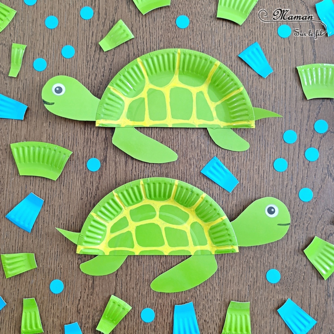Fabriquer des tortues marines avec des assiettes en carton : activité créative, récup' et manuelle enfants - Recyclage et Surcyclage d'assiettes en carton - Déjà colorées ou alors à peindre - Peinture Verte - Découpage, collage, dessin - Bricolage facile et rigolo - Thème animaux marins, océans, mer, été - Bricolage et décoration sympa et facile - Arts visuels maternelle et élémentaire - Cycles 1 et 2 - Créativité - tutoriel photos - mslf
