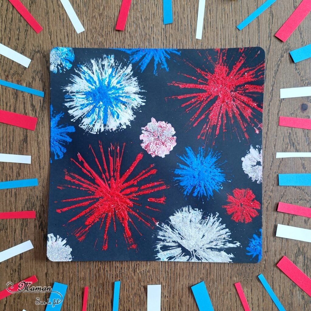Peindre un feu d'artifice pour le 14 juillet avec des pailles et des paillettes : activité créative, peinture et manuelle enfants - Technique de la paille découpée en plusieurs bandes pour peindre les feux d'artifice - Couleurs bleu, blanc et rouge pour la fête nationale - Paillettes pour le côté brillant - Thème feu d'artifice, 14 juillet, fête nationale, drapeau français - Bricolage et décoration sympa et facile - Arts visuels maternelle et élémentaire - Cycles 1 et 2 - Créativité - tutoriel photos - mslf