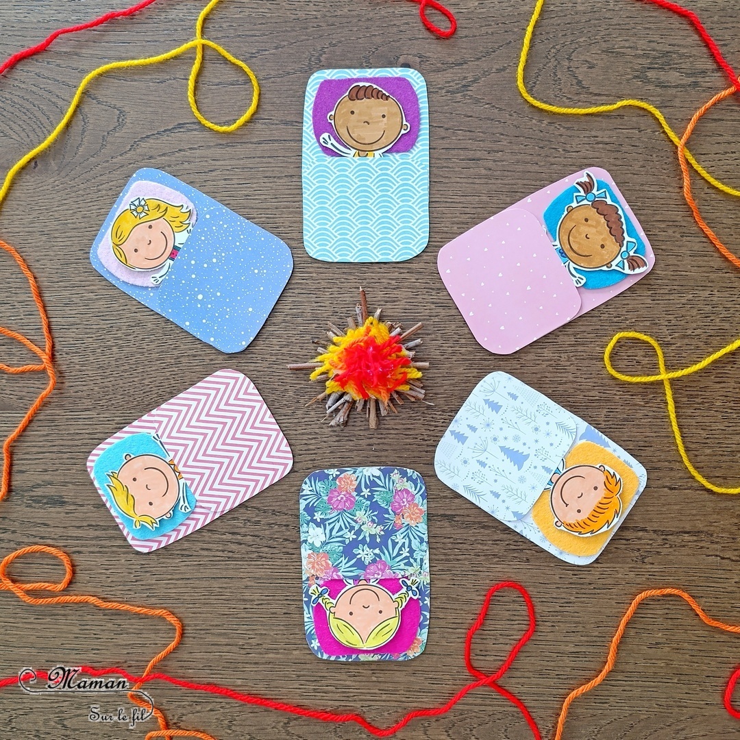 Fabriquer des enfants dans leur duvet, allongés autour d'un min feu de camp : activité créative, coloriage et manuelle enfants - Bricolage facile pour jeu d'imagination et d'imitation DIY - Coloriage aux feutres, découpage, collage - Récup' de carton - Papiers à motifs type scrapbooking, feutrine - Mini feu de camp avec petites branches et laine - Campement avec avec feu de camp - Nuit à la belle étoile en colonie - Thème camping, vacances, été, colonies, camp d'été - Bricolage et décoration sympa et facile - Arts visuels maternelle et élémentaire - Cycles 1 et 2 - Créativité - tutoriel photos - mslf