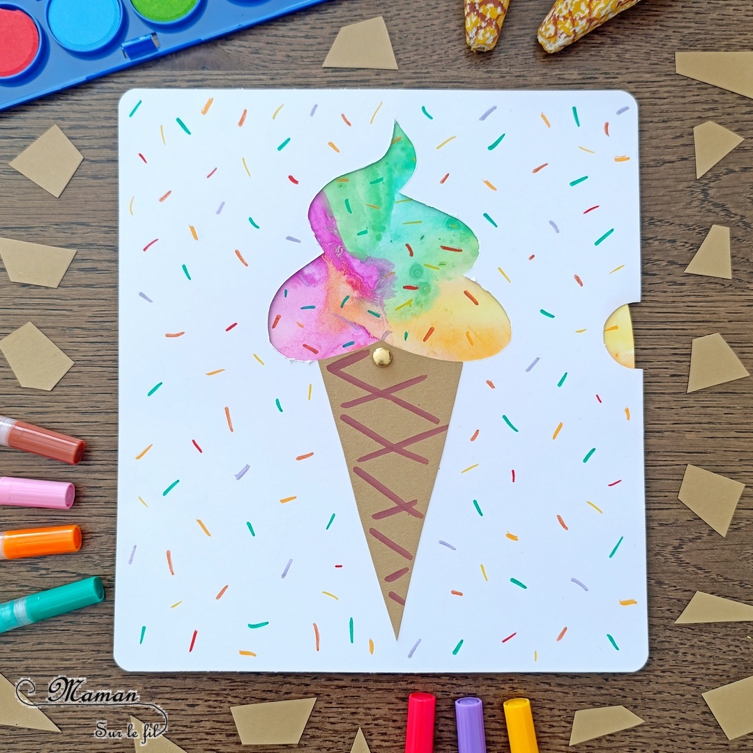 Créer une glace italienne qui change de couleurs : activité créative, peinture et manuelle enfants - Peinture et bricolage ludique avec roue qui tourne - Peinture type aquarelle, géométrie avec tracé de cercle, découpage, dessin et graphismes, attache parisienne - Bricolage facile et rigolo - Thème alimentation, gourmandises sucrées, glaces, été - Bricolage et décoration sympa et facile - Arts visuels maternelle et élémentaire - Cycles 1 et 2 - Créativité - tutoriel photos et vidéo - mslf