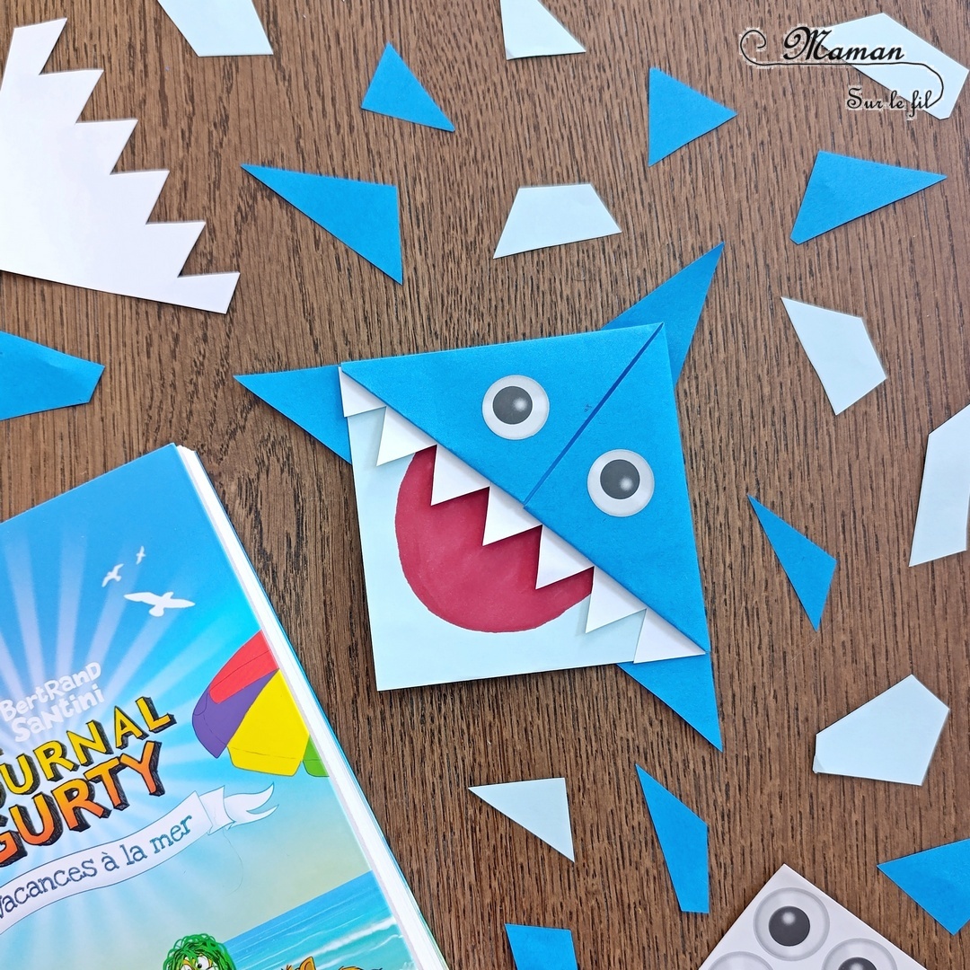 Fabriquer un marque-page Requin DIY en papier : activité créative et manuelle enfants - Pliage de papier et origami - Customisation en requin - Découpage, collage, coloriage et dessin - Cadeau à offrir Fait maison- Bricolage facile et rigolo - Thème animaux marins, océans, mer, été - Bricolage et décoration sympa et facile - Arts visuels maternelle et élémentaire - Cycles 1 et 2 - Créativité - tutoriel photos - mslf