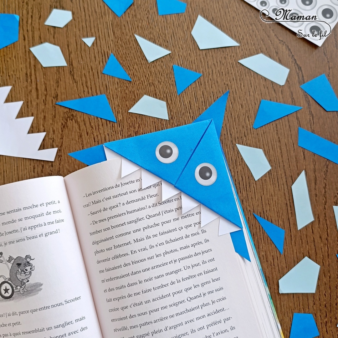 Fabriquer un marque-page Requin DIY en papier : activité créative et manuelle enfants - Pliage de papier et origami - Customisation en requin - Découpage, collage, coloriage et dessin - Cadeau à offrir Fait maison- Bricolage facile et rigolo - Thème animaux marins, océans, mer, été - Bricolage et décoration sympa et facile - Arts visuels maternelle et élémentaire - Cycles 1 et 2 - Créativité - tutoriel photos - mslf