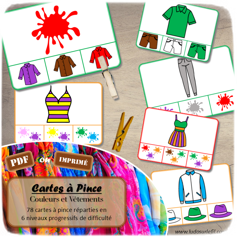 Jeu de cartes à pince sur les couleurs et les vêtements - Pour un thème sur les vêtements et les accessoires - 78 cartes réparties en 6 niveaux de difficulté - progressif - 1, 2, 3 couleurs - Vêtements et couleurs ou deux vêtements différents - Autocorrection au dos - Atelier préscolaire et maternelle autonome - Thème Vêtements et accessoires - Support pédagogique - Document PDF à télécharger et imprimer ou jeu imprimé - Motricité fine et pince Pouce-Index avec pinces à linge - ludique - lslf