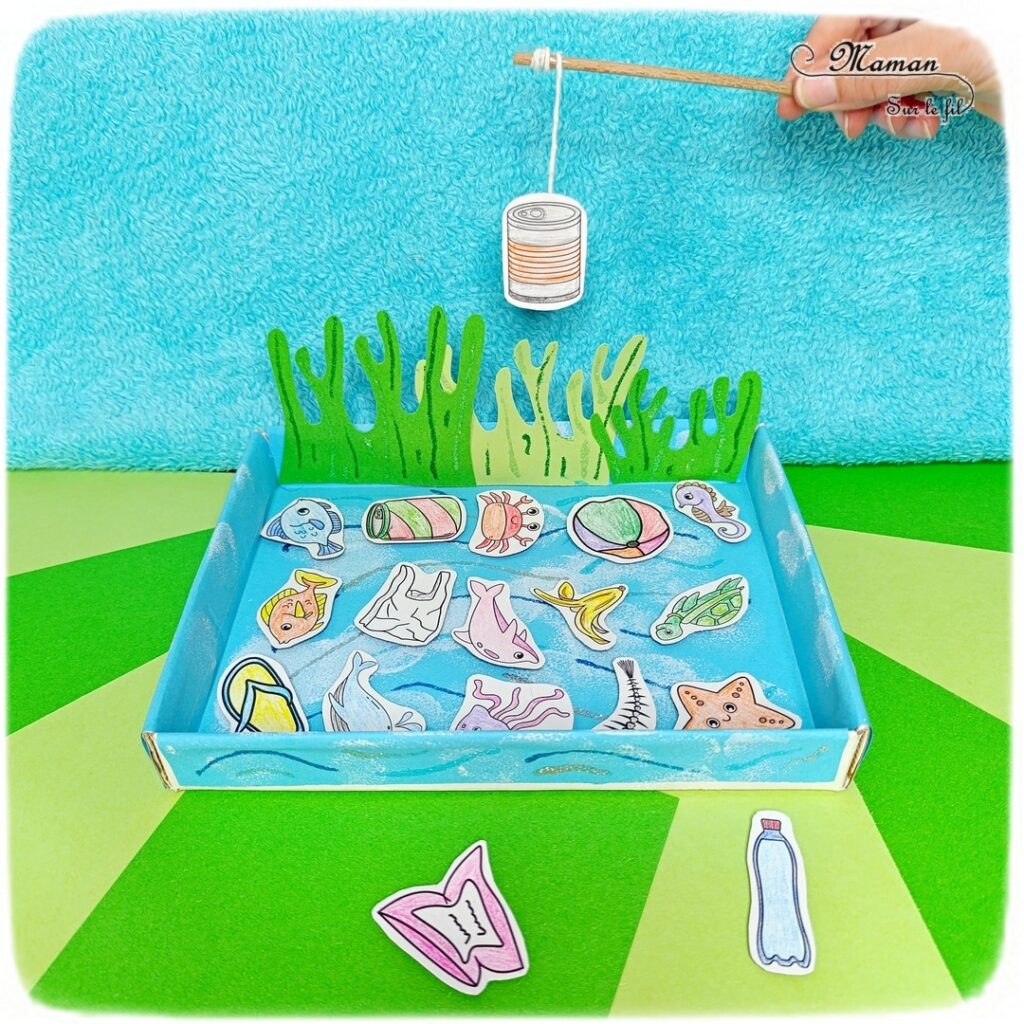 Fabriquer un jeu DIY - La pêche aux déchets : activité créative, peinture, récup' et manuelle enfants - Permet d'aborder l'importance de la protection des océans et des animaux marins, le respect de l'environnement, l'écologie, la gestion et le tri des déchets - Recyclage, surcyclage d'une boite en carton - Peinture, coloriage, dessin, découpage, collage - Pêche à la ligne avec trombone et aimant - Bricolage facile et rigolo - Thème animaux marins, océans, mer, été, respect de l'environnement, déchets - Bricolage et décoration sympa et facile - Arts visuels maternelle et élémentaire - Cycles 1 et 2 - Créativité - tutoriel photos - mslf