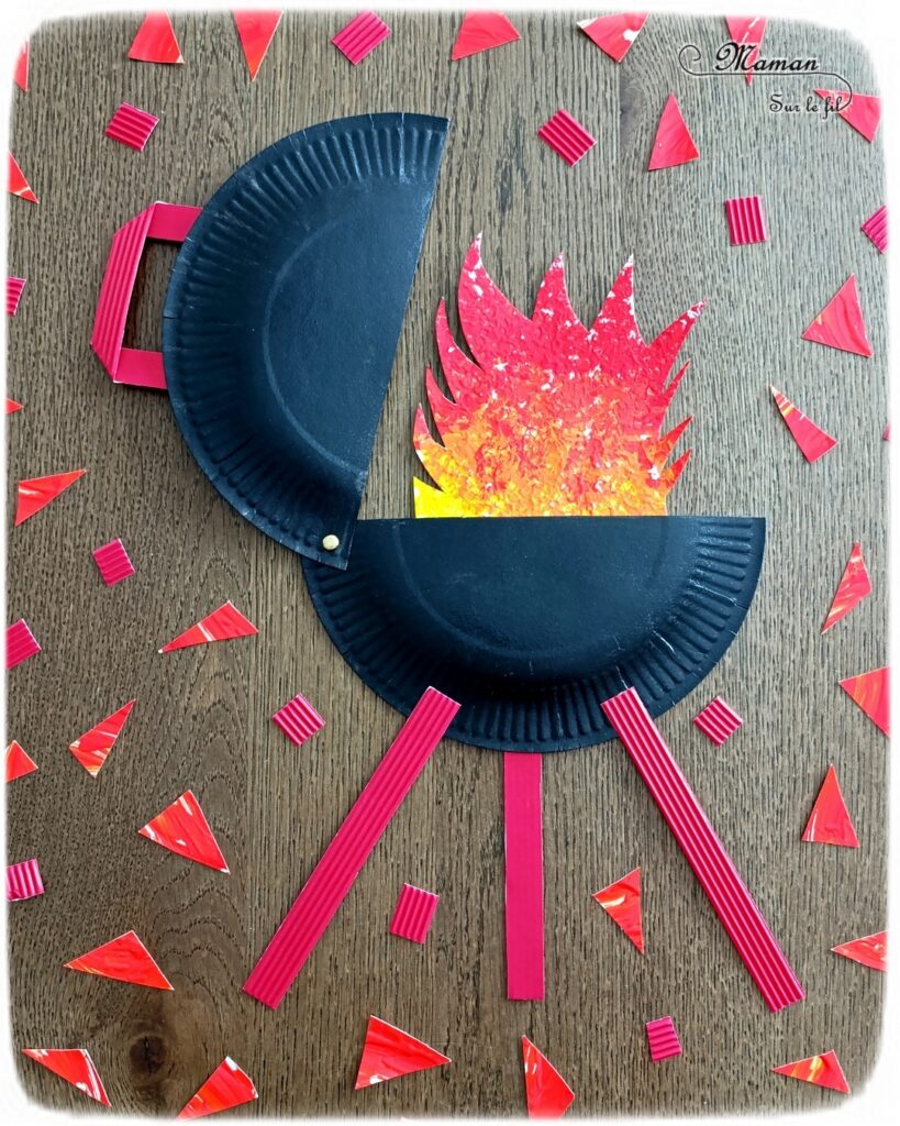 Fabriquer un barbecue avec une assiette en carton : activité créative, récup', peinture et manuelle enfants - Recyclage, surcyclage d'assiettes en carton - Peindre l'assiette en noir - Peinture au papier aluminium, relief, texture et dégradé de peinture pour le feu - Système d'attache parisienne pour ouvrir et fermer le couvercle - Découpage, collage de papier carton ondulé - Bricolage facile pour jeu DIY - Thème camping, vacances, barbecue, été - Bricolage et décoration sympa et facile - Arts visuels maternelle et élémentaire - Cycles 1 et 2 - Créativité - tutoriel photos - mslf