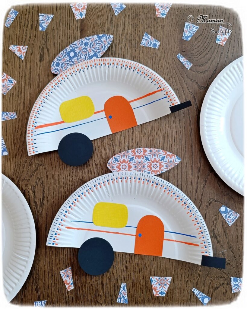 Fabriquer des caravanes avec des assiettes en carton : activité créative, récup' et manuelle enfants - Recyclage, surcyclage d'assiettes en carton - Découpage, collage de papiers - Surf sur le toit, prêt à partir en vacances - Décoration colorée avec dessins et graphismes - Bricolage facile pour jeu DIY - Thème camping, vacances, été - Bricolage et décoration sympa et facile - Arts visuels maternelle et élémentaire - Cycles 1 et 2 - Créativité - tutoriel photos - mslf