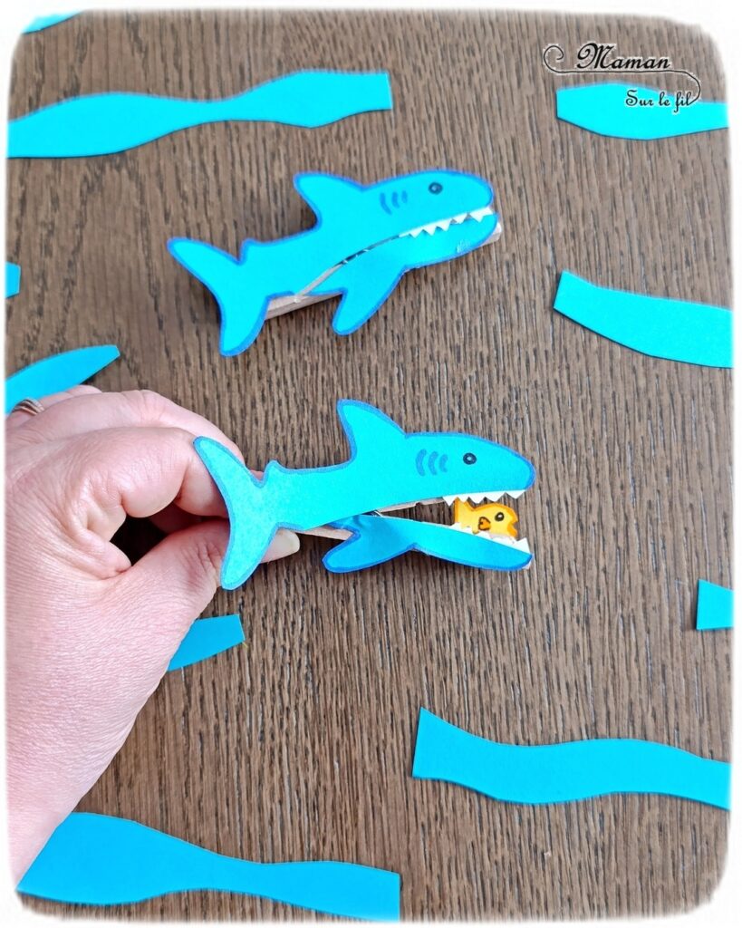 Fabriquer un requin Pince à linge et son petit poisson caché dans sa bouche : activité créative, rigolote et manuelle enfants - Découpage, collage, dessin - Pince à linge pour ouvrir la bouche du requin et faire apparaître un petit poisson - Muscler les petits doigts, motricité fine - Bricolage facile et rigolo - Thème animaux marins, océans, mer, été - Bricolage et décoration sympa et facile - Arts visuels maternelle et élémentaire - Cycles 1 et 2 - Créativité - tutoriel photos et vidéo - mslf
