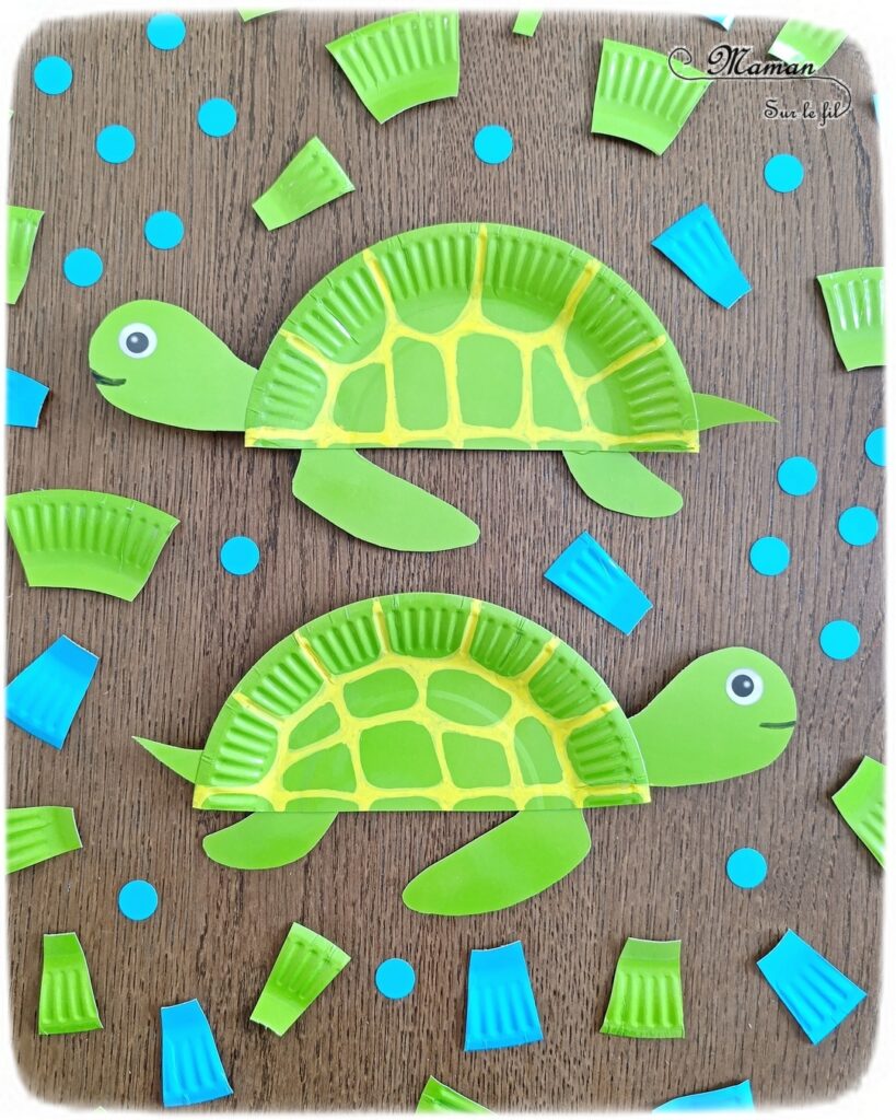 Fabriquer des tortues marines avec des assiettes en carton : activité créative, récup' et manuelle enfants - Recyclage et Surcyclage d'assiettes en carton - Déjà colorées ou alors à peindre - Peinture Verte - Découpage, collage, dessin - Bricolage facile et rigolo - Thème animaux marins, océans, mer, été - Bricolage et décoration sympa et facile - Arts visuels maternelle et élémentaire - Cycles 1 et 2 - Créativité - tutoriel photos - mslf