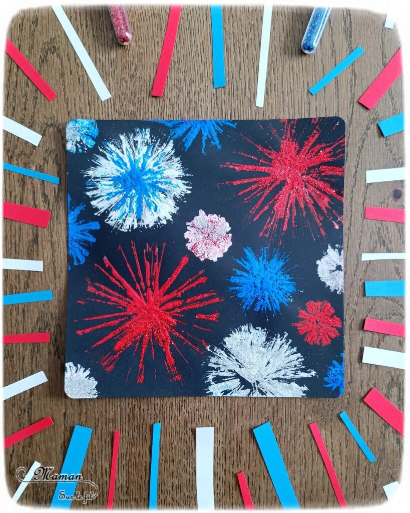 Peindre un feu d'artifice pour le 14 juillet avec des pailles et des paillettes : activité créative, peinture et manuelle enfants - Technique de la paille découpée en plusieurs bandes pour peindre les feux d'artifice - Couleurs bleu, blanc et rouge pour la fête nationale - Paillettes pour le côté brillant - Thème feu d'artifice, 14 juillet, fête nationale, drapeau français - Bricolage et décoration sympa et facile - Arts visuels maternelle et élémentaire - Cycles 1 et 2 - Créativité - tutoriel photos - mslf