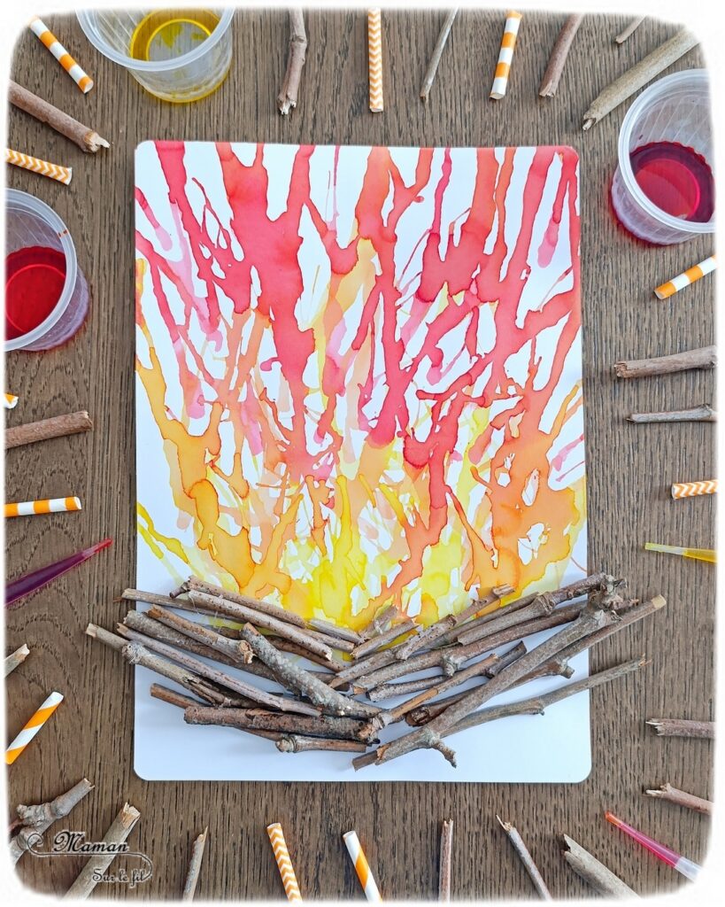 Créer un feu de camp en encre soufflée et éléments de la nature : activité créative, peinture et manuelle enfants - Technique des gouttes d'encre à dessiner soufflée à la paille - Dégradé de couleurs jaune, orange, rouge - Collage de branches de bois - Land art - Thème camping, vacances, été, colonies, camp d'été - Bricolage et décoration sympa et facile - Arts visuels maternelle et élémentaire - Cycles 1 et 2 - Créativité - tutoriel photos - mslf