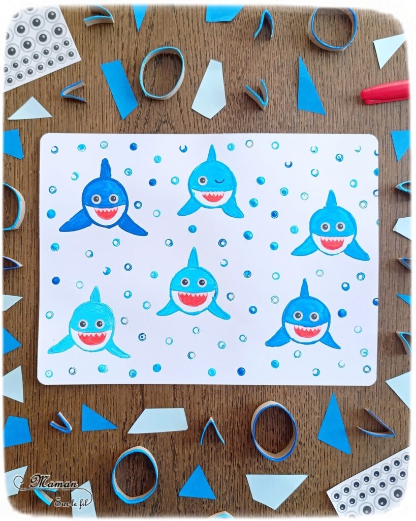 Peindre des requins mignons avec un rouleau de PQ en carton : activité créative, peinture, récup' et manuelle enfants - Recyclage et Surcyclage de rouleaux de papier toilette en carton - Peinture du corps, des nageoires et de l'aileron - Coloriage au pinceau - Dessin de la langue au feutre puis gommettes Yeux - Bulles pour décorer le tour avec des pailles - Bricolage facile et rigolo - Thème animaux marins, océans, mer, été - Bricolage et décoration sympa et facile - Arts visuels maternelle et élémentaire - Cycles 1 et 2 - Créativité - tutoriel photos - mslf