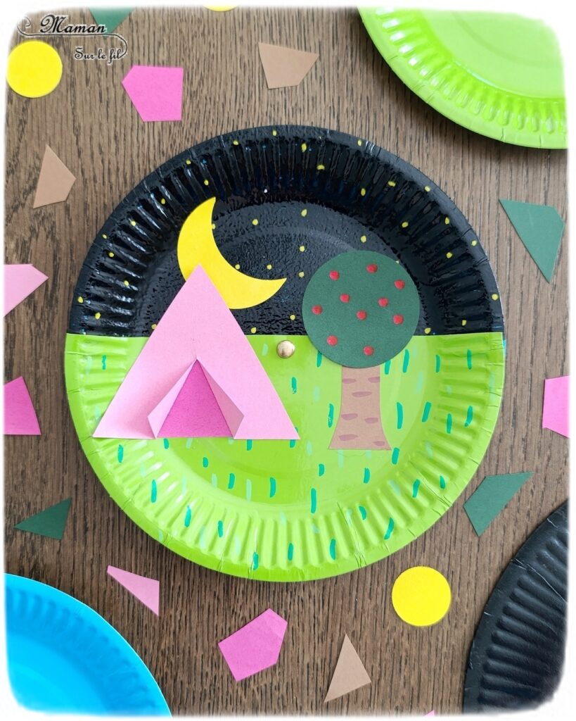 Camping dans la nature de jour et de nuit : activité créative, peinture et manuelle enfants - Jour et nuit qui passent et se succèdent grâce à roue qui tourne - Récup' d'assiettes en carton - Attache parisienne - Peinture, dessin, découpage, collage - Tente, ciel, herbe, arbre, temps qui passe - Jeu DIY rigolo à manipuler - Thème camping, vacances, été, colonies, camp d'été, météo, alternance Jour / Nuit, nature - Bricolage et décoration sympa et facile - Arts visuels maternelle et élémentaire - Cycles 1 et 2 - Créativité - tutoriel photos et vidéo - mslf