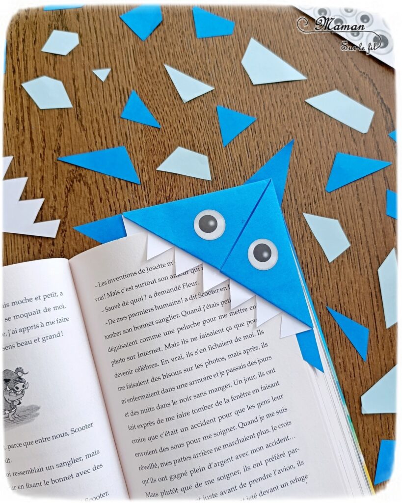 Fabriquer un marque-page Requin DIY en papier : activité créative et manuelle enfants - Pliage de papier et origami - Customisation en requin - Découpage, collage, coloriage et dessin - Cadeau à offrir Fait maison- Bricolage facile et rigolo - Thème animaux marins, océans, mer, été - Bricolage et décoration sympa et facile - Arts visuels maternelle et élémentaire - Cycles 1 et 2 - Créativité - tutoriel photos - mslf
