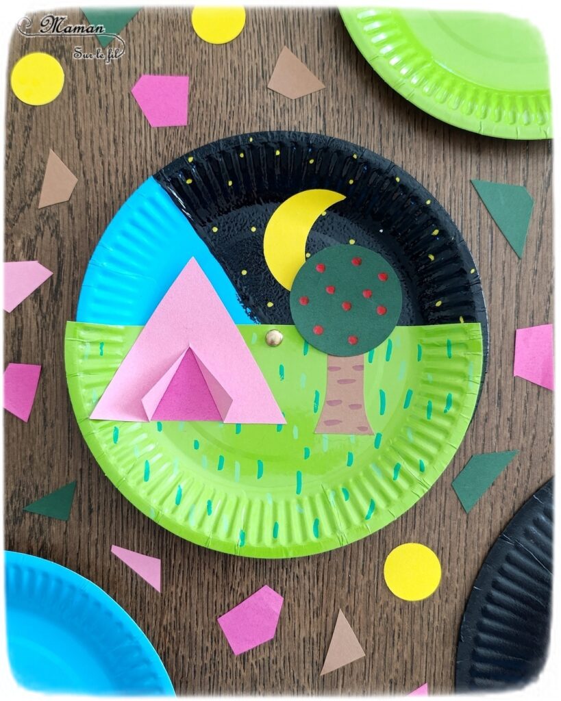 Camping dans la nature de jour et de nuit : activité créative, peinture et manuelle enfants - Jour et nuit qui passent et se succèdent grâce à roue qui tourne - Récup' d'assiettes en carton - Attache parisienne - Peinture, dessin, découpage, collage - Tente, ciel, herbe, arbre, temps qui passe - Jeu DIY rigolo à manipuler - Thème camping, vacances, été, colonies, camp d'été, météo, alternance Jour / Nuit, nature - Bricolage et décoration sympa et facile - Arts visuels maternelle et élémentaire - Cycles 1 et 2 - Créativité - tutoriel photos et vidéo - mslf