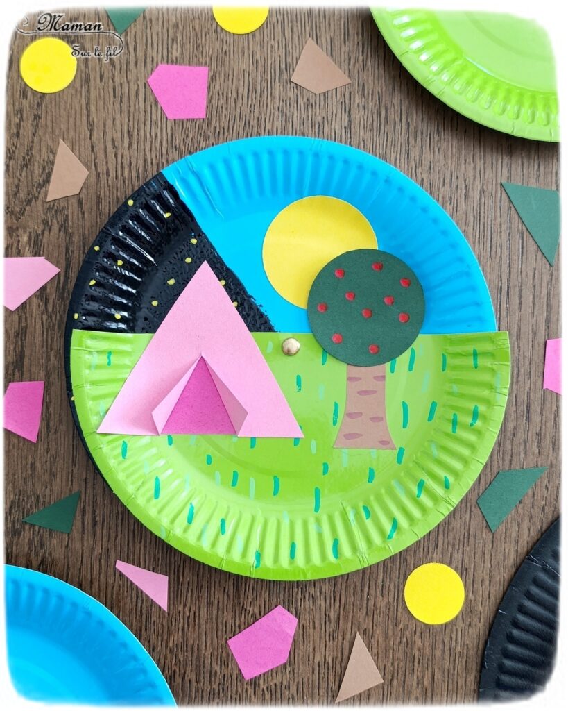Camping dans la nature de jour et de nuit : activité créative, peinture et manuelle enfants - Jour et nuit qui passent et se succèdent grâce à roue qui tourne - Récup' d'assiettes en carton - Attache parisienne - Peinture, dessin, découpage, collage - Tente, ciel, herbe, arbre, temps qui passe - Jeu DIY rigolo à manipuler - Thème camping, vacances, été, colonies, camp d'été, météo, alternance Jour / Nuit, nature - Bricolage et décoration sympa et facile - Arts visuels maternelle et élémentaire - Cycles 1 et 2 - Créativité - tutoriel photos et vidéo - mslf