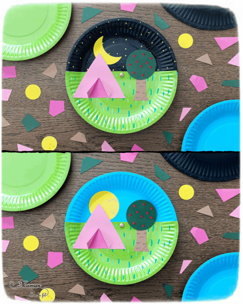 Camping dans la nature de jour et de nuit : activité créative, peinture et manuelle enfants - Jour et nuit qui passent et se succèdent grâce à roue qui tourne - Récup' d'assiettes en carton - Attache parisienne - Peinture, dessin, découpage, collage - Tente, ciel, herbe, arbre, temps qui passe - Jeu DIY rigolo à manipuler - Thème camping, vacances, été, colonies, camp d'été, météo, alternance Jour / Nuit, nature - Bricolage et décoration sympa et facile - Arts visuels maternelle et élémentaire - Cycles 1 et 2 - Créativité - tutoriel photos et vidéo - mslf