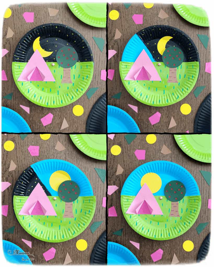 Camping dans la nature de jour et de nuit : activité créative, peinture et manuelle enfants - Jour et nuit qui passent et se succèdent grâce à roue qui tourne - Récup' d'assiettes en carton - Attache parisienne - Peinture, dessin, découpage, collage - Tente, ciel, herbe, arbre, temps qui passe - Jeu DIY rigolo à manipuler - Thème camping, vacances, été, colonies, camp d'été, météo, alternance Jour / Nuit, nature - Bricolage et décoration sympa et facile - Arts visuels maternelle et élémentaire - Cycles 1 et 2 - Créativité - tutoriel photos et vidéo - mslf