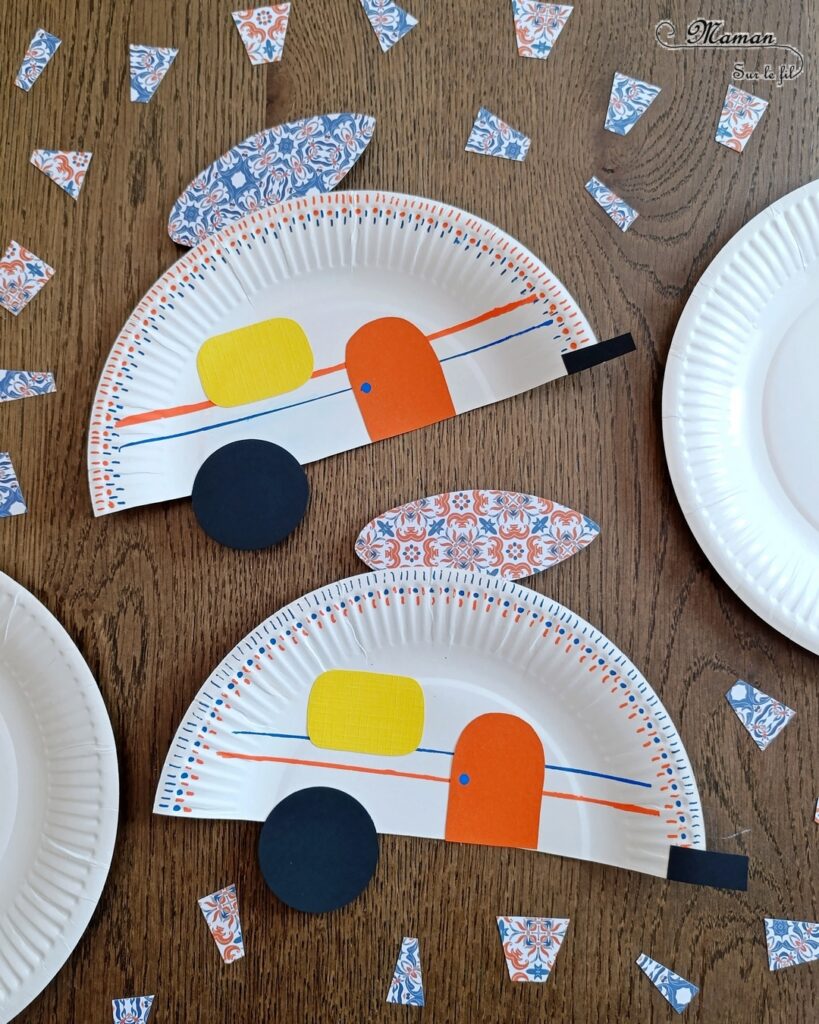 Fabriquer des caravanes avec des assiettes en carton : activité créative, récup' et manuelle enfants - Recyclage, surcyclage d'assiettes en carton - Découpage, collage de papiers - Surf sur le toit, prêt à partir en vacances - Décoration colorée avec dessins et graphismes - Bricolage facile pour jeu DIY - Thème camping, vacances, été - Bricolage et décoration sympa et facile - Arts visuels maternelle et élémentaire - Cycles 1 et 2 - Créativité - tutoriel photos - mslf