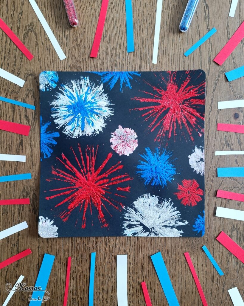 Peindre un feu d'artifice pour le 14 juillet avec des pailles et des paillettes : activité créative, peinture et manuelle enfants - Technique de la paille découpée en plusieurs bandes pour peindre les feux d'artifice - Couleurs bleu, blanc et rouge pour la fête nationale - Paillettes pour le côté brillant - Thème feu d'artifice, 14 juillet, fête nationale, drapeau français - Bricolage et décoration sympa et facile - Arts visuels maternelle et élémentaire - Cycles 1 et 2 - Créativité - tutoriel photos - mslf