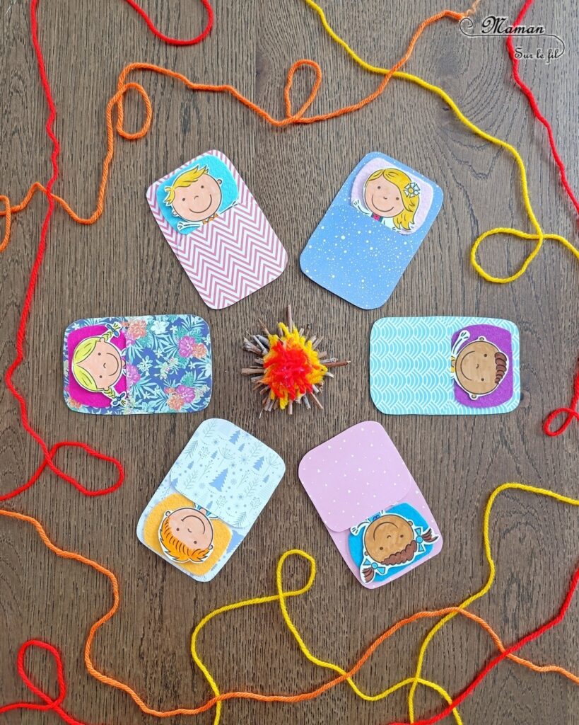 Fabriquer des enfants dans leur duvet, allongés autour d'un min feu de camp : activité créative, coloriage et manuelle enfants - Bricolage facile pour jeu d'imagination et d'imitation DIY - Coloriage aux feutres, découpage, collage - Récup' de carton - Papiers à motifs type scrapbooking, feutrine - Mini feu de camp avec petites branches et laine - Campement avec avec feu de camp - Nuit à la belle étoile en colonie - Thème camping, vacances, été, colonies, camp d'été - Bricolage et décoration sympa et facile - Arts visuels maternelle et élémentaire - Cycles 1 et 2 - Créativité - tutoriel photos - mslf