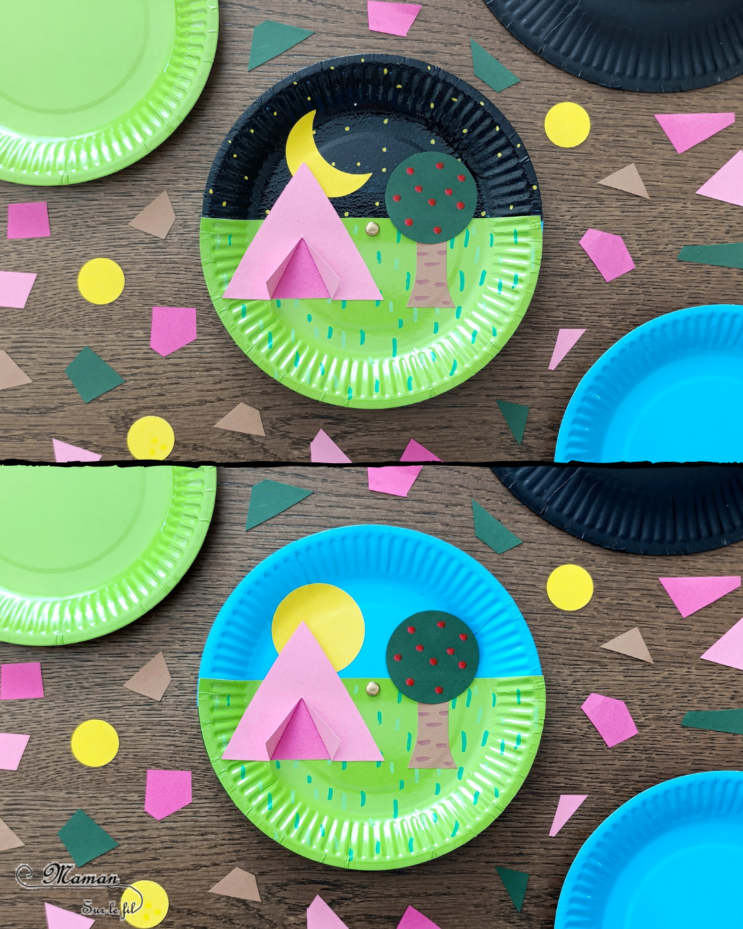 Camping dans la nature de jour et de nuit : activité créative, peinture et manuelle enfants - Jour et nuit qui passent et se succèdent grâce à roue qui tourne - Récup' d'assiettes en carton - Attache parisienne - Peinture, dessin, découpage, collage - Tente, ciel, herbe, arbre, temps qui passe - Jeu DIY rigolo à manipuler - Thème camping, vacances, été, colonies, camp d'été, météo, alternance Jour / Nuit, nature - Bricolage et décoration sympa et facile - Arts visuels maternelle et élémentaire - Cycles 1 et 2 - Créativité - tutoriel photos et vidéo - mslf