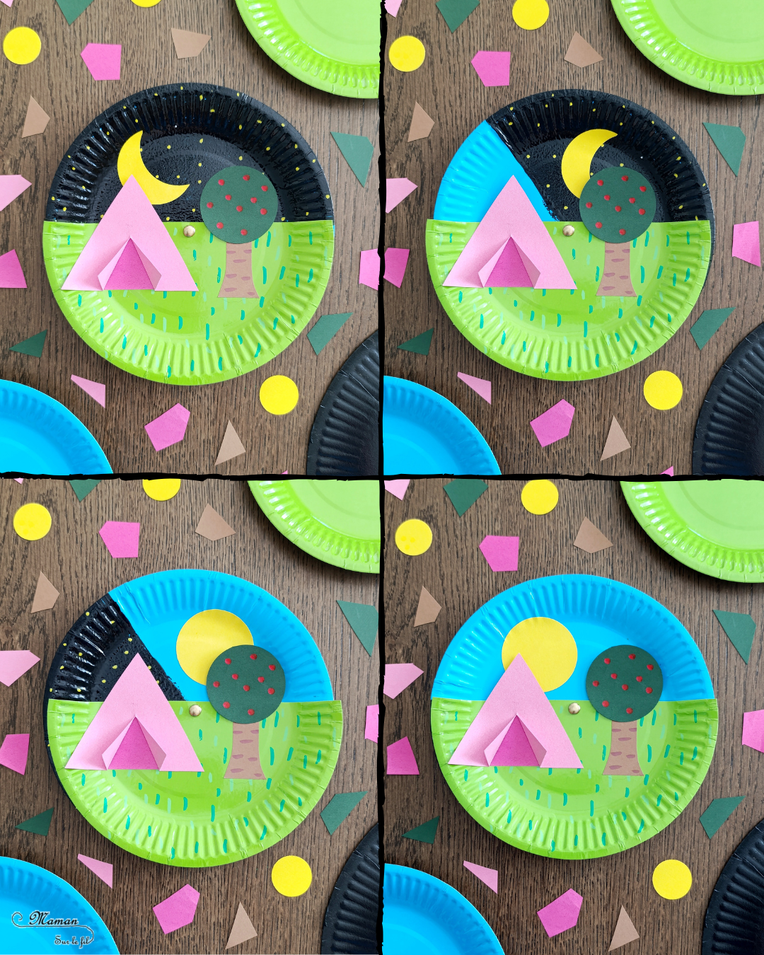 Camping dans la nature de jour et de nuit : activité créative, peinture et manuelle enfants - Jour et nuit qui passent et se succèdent grâce à roue qui tourne - Récup' d'assiettes en carton - Attache parisienne - Peinture, dessin, découpage, collage - Tente, ciel, herbe, arbre, temps qui passe - Jeu DIY rigolo à manipuler - Thème camping, vacances, été, colonies, camp d'été, météo, alternance Jour / Nuit, nature - Bricolage et décoration sympa et facile - Arts visuels maternelle et élémentaire - Cycles 1 et 2 - Créativité - tutoriel photos et vidéo - mslf