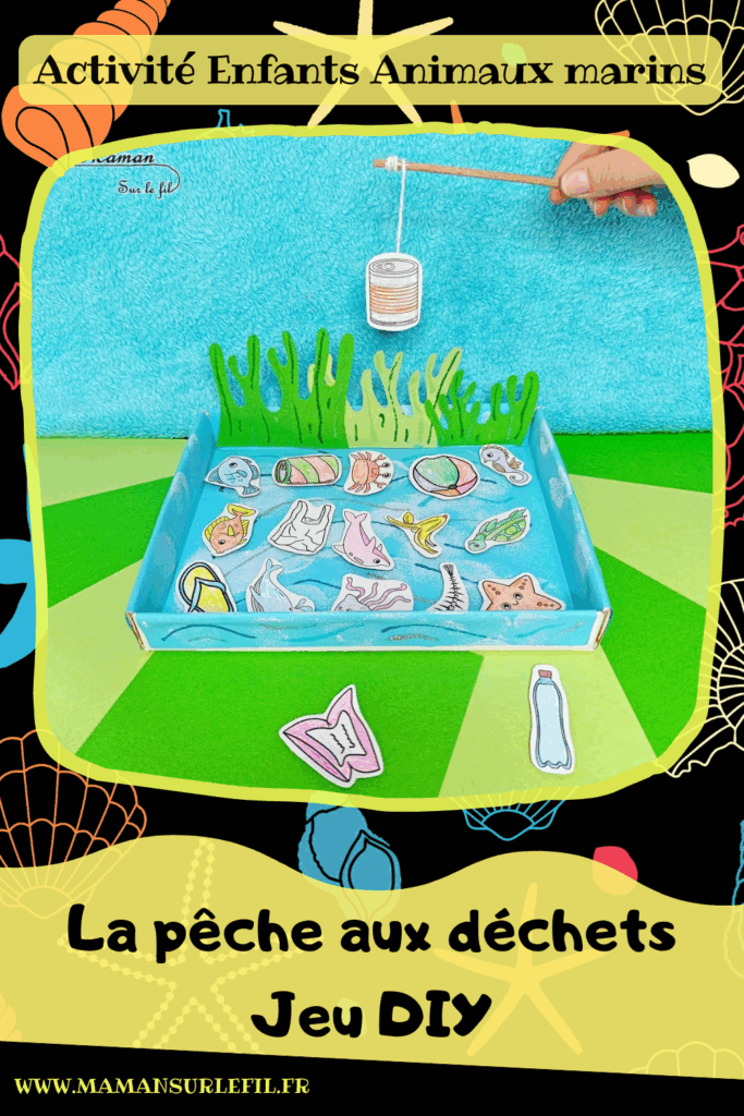 Fabriquer un jeu DIY - La pêche aux déchets : activité créative, peinture, récup' et manuelle enfants - Permet d'aborder l'importance de la protection des océans et des animaux marins, le respect de l'environnement, l'écologie, la gestion et le tri des déchets - Recyclage, surcyclage d'une boite en carton - Peinture, coloriage, dessin, découpage, collage - Pêche à la ligne avec trombone et aimant - Bricolage facile et rigolo - Thème animaux marins, océans, mer, été, respect de l'environnement, déchets - Bricolage et décoration sympa et facile - Arts visuels maternelle et élémentaire - Cycles 1 et 2 - Créativité - tutoriel photos - mslf