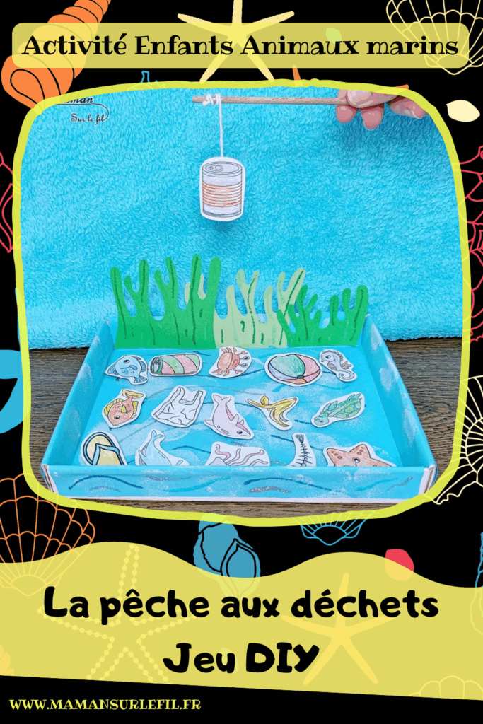Fabriquer un jeu DIY - La pêche aux déchets : activité créative, peinture, récup' et manuelle enfants - Permet d'aborder l'importance de la protection des océans et des animaux marins, le respect de l'environnement, l'écologie, la gestion et le tri des déchets - Recyclage, surcyclage d'une boite en carton - Peinture, coloriage, dessin, découpage, collage - Pêche à la ligne avec trombone et aimant - Bricolage facile et rigolo - Thème animaux marins, océans, mer, été, respect de l'environnement, déchets - Bricolage et décoration sympa et facile - Arts visuels maternelle et élémentaire - Cycles 1 et 2 - Créativité - tutoriel photos - mslf