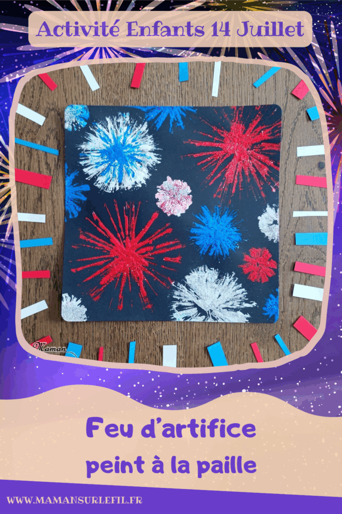 Peindre un feu d'artifice pour le 14 juillet avec des pailles et des paillettes : activité créative, peinture et manuelle enfants - Technique de la paille découpée en plusieurs bandes pour peindre les feux d'artifice - Couleurs bleu, blanc et rouge pour la fête nationale - Paillettes pour le côté brillant - Thème feu d'artifice, 14 juillet, fête nationale, drapeau français - Bricolage et décoration sympa et facile - Arts visuels maternelle et élémentaire - Cycles 1 et 2 - Créativité - tutoriel photos - mslf
