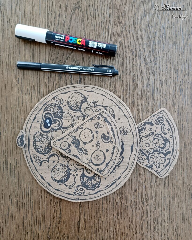 Fabriquer des poissons en récup' de boites à pizza : activité créative, récup' et manuelle enfants - Recyclage et surcyclage de boites à pizza en carton - Découpage et imagination - Mise en place d'une scène de fonds marins : poissons, algues, bulles... - Bricolage facile et rigolo - Découpage, collage - Gommettes Yeux - Thème poissons, animaux marins, mer, océans, été, 1er avril - Bricolage et décoration sympa et facile - Arts visuels maternelle et élémentaire - Cycles 1 et 2 - Créativité - tutoriel photos - mslf
