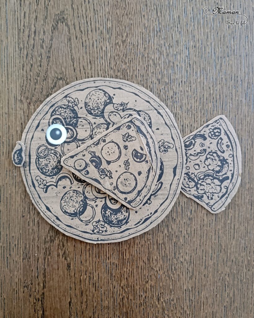 Fabriquer des poissons en récup' de boites à pizza : activité créative, récup' et manuelle enfants - Recyclage et surcyclage de boites à pizza en carton - Découpage et imagination - Mise en place d'une scène de fonds marins : poissons, algues, bulles... - Bricolage facile et rigolo - Découpage, collage - Gommettes Yeux - Thème poissons, animaux marins, mer, océans, été, 1er avril - Bricolage et décoration sympa et facile - Arts visuels maternelle et élémentaire - Cycles 1 et 2 - Créativité - tutoriel photos - mslf