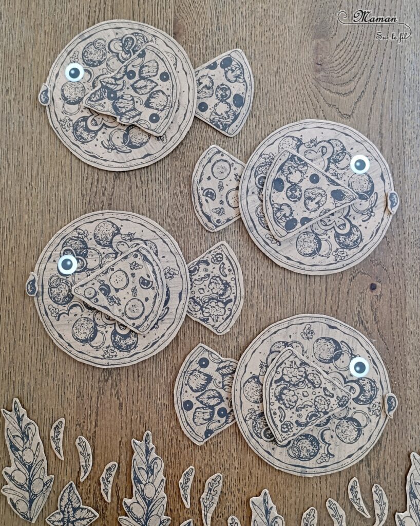 Fabriquer des poissons en récup' de boites à pizza : activité créative, récup' et manuelle enfants - Recyclage et surcyclage de boites à pizza en carton - Découpage et imagination - Mise en place d'une scène de fonds marins : poissons, algues, bulles... - Bricolage facile et rigolo - Découpage, collage - Gommettes Yeux - Thème poissons, animaux marins, mer, océans, été, 1er avril - Bricolage et décoration sympa et facile - Arts visuels maternelle et élémentaire - Cycles 1 et 2 - Créativité - tutoriel photos - mslf