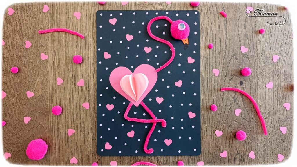 Créer un flamant rose amoureux avec des coeurs : activité créative et manuelle enfants - Plusieurs coeurs collés ensemble pour créer un effet 3D en relief - Cou et pattes avec fils chenille et tête avec pompons - Flamant rose plein de coeurs et d'amour - Découpage, collage, graphismes - Bricolage facile et rapide - Thème été, oiseaux, animaux savane, amour, saint-valentin - Bricolage et décoration sympa et facile - Arts visuels maternelle et élémentaire - Cycles 1 et 2 - Créativité - tutoriel photos - mslf