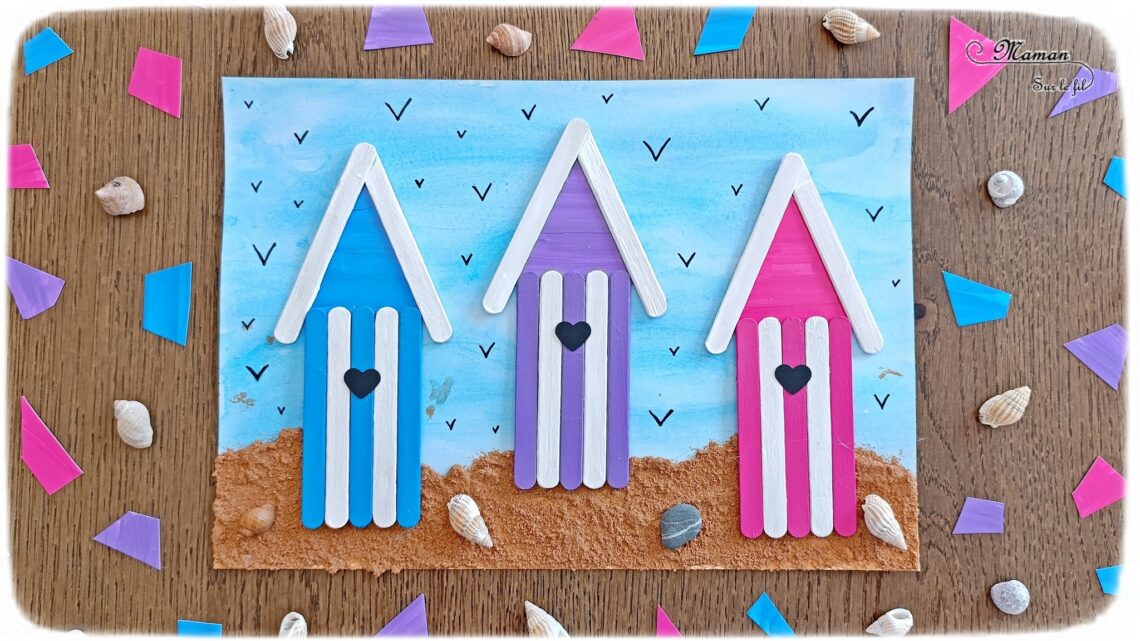 Créer des cabanes de plage avec des bâtonnets de glace en bois : activité créative, récup', peinture et manuelle enfants - Peindre les bâtonnets de bois en blanc et en couleur - Cabanes de plages rayées en récup'- Ouverture en forme de coeur - Collés sur un fond peint à l'aquarelle bleue pour le ciel et peinture marron + sable pour le sable - Effet de volume et de texture - Coquillages en décoration - Dessin et graphismes pour les oiseaux - Bricolage facile et rapide - Thème été, vacances, plage, mer - Bricolage et décoration sympa et facile - Arts visuels maternelle et élémentaire - Cycles 1 et 2 - Créativité - tutoriel photos - mslf