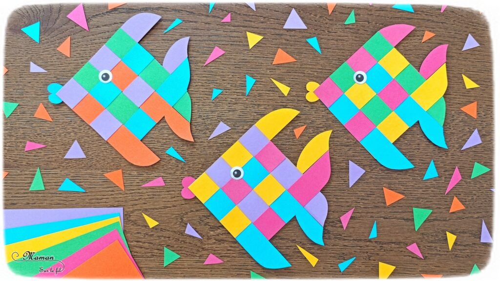 Fabriquer des poissons Damier en bandes de papier : activité créative et manuelle enfants - Découpage, collage, tissage de papier - Géométrie, utilisation de la règle - Poissons tropicaux ultra colorés - Coeur pour la bouche, Gommettes Yeux - Bricolage facile et rigolo - Découpage, collage - Thème poissons, animaux marins, mer, océans, été, 1er avril - Bricolage et décoration sympa et facile - Arts visuels maternelle et élémentaire - Cycles 1 et 2 - Créativité - tutoriel photos et vidéo - mslf