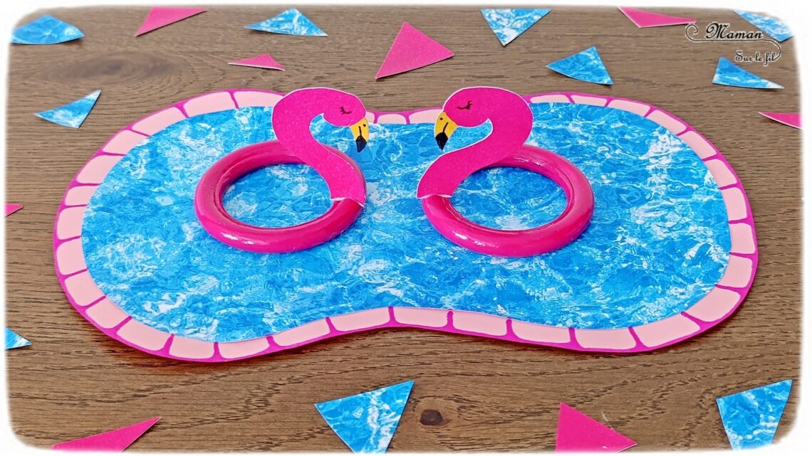 Fabriquer des bouées Flamants Roses avec des anneaux de rideaux : activité créative, récup', peinture et manuelle enfants - Peindre les anneaux de rideaux en rose - Découper et dessiner les têtes de flamants roses dans du papier rose - Piscine en papier avec eau imprimée - Bricolage facile et rapide pour jeu DIY (pour figurines, poupées, Playmobil... - Thème été, vacances, piscine, camping, oiseaux - Bricolage et décoration sympa et facile - Arts visuels maternelle et élémentaire - Cycles 1 et 2 - Créativité - tutoriel photos - mslf
