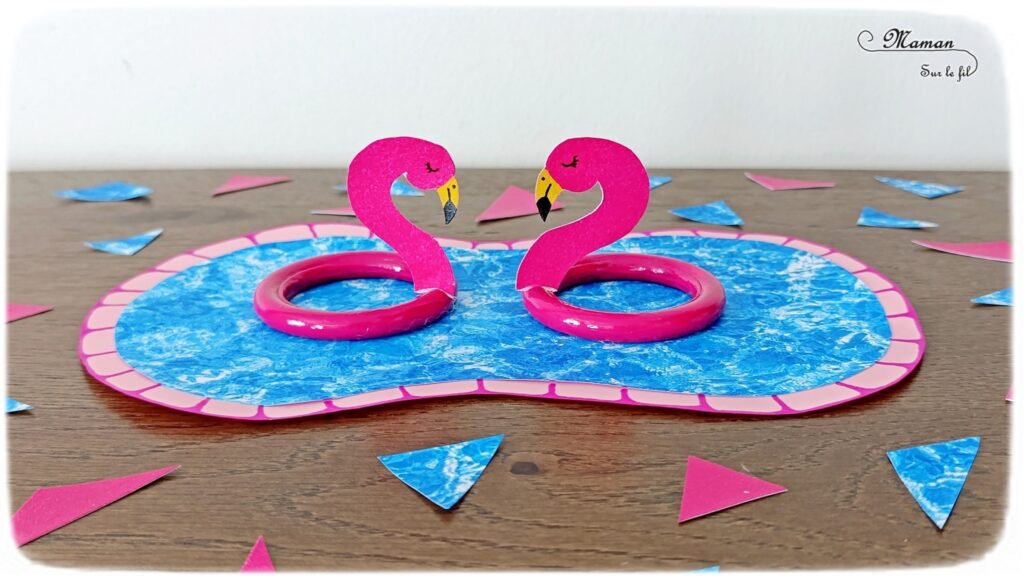 Fabriquer des bouées Flamants Roses avec des anneaux de rideaux : activité créative, récup', peinture et manuelle enfants - Peindre les anneaux de rideaux en rose - Découper et dessiner les têtes de flamants roses dans du papier rose - Piscine en papier avec eau imprimée - Bricolage facile et rapide pour jeu DIY (pour figurines, poupées, Playmobil... - Thème été, vacances, piscine, camping, oiseaux - Bricolage et décoration sympa et facile - Arts visuels maternelle et élémentaire - Cycles 1 et 2 - Créativité - tutoriel photos - mslf